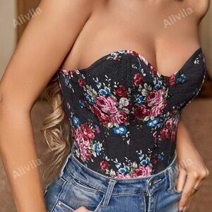 Floral Bustier Bodysuit - Black and Pink